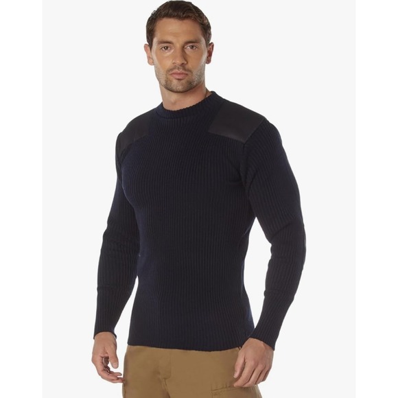 Acrylic Sweater Ribbed Knit Shoulder Patches Cold Weather Long Sleeve‎ - Picture 1 of 6